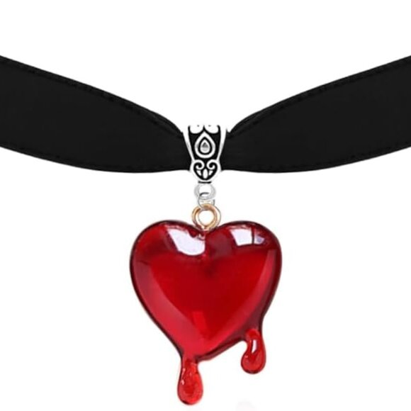 Blood Heart Choker Necklace Gothic Vampire Jewelry Spiked Red Pendant - Picture 1 of 6